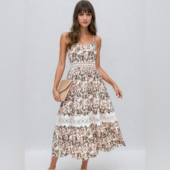 Dresses & Skirts - Mijas Floral Print Guipure Lace Insert Cami Dress